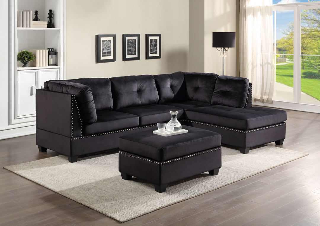 HH Sienna - Black Velvet Sectional + Ottoman Set